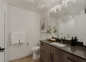 Thumbnail 10 of 85 - A bathroom with a white toilet, brown cabinets, and a large mirror.