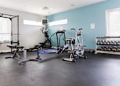 Thumbnail 6 of 18 - A home gym with a variety of equipment including a squat rack, treadmill, and weights.  Aviary Village Apartments, in Conway, SC 29526