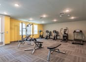 Thumbnail 11 of 17 - A gym with a variety of equipment including treadmills, weights, and exercise machines.