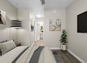 Thumbnail 18 of 38 - a bedroom with a bed and a tv at Harbor Terrace Apartments, San Pedro , CA 90731