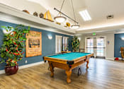 Thumbnail 7 of 13 - A pool table in a room with a blue wall and a plant.