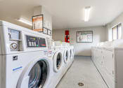 Thumbnail 13 of 13 - A row of white front load washing machines in a laundromat.