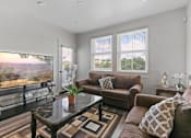Thumbnail 11 of 21 - a living room with couches and a coffee table and a television