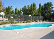 Thumbnail 3 of 12 - a swimming pool with a basketball court in the background
