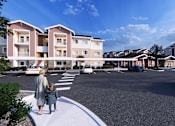 Thumbnail 2 of 3 - a rendering of a woman and a child walking across a street in front of apartments