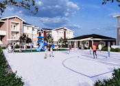 Thumbnail 3 of 3 - a rendering of a basketball court in the middle of an apartment complex with people playing