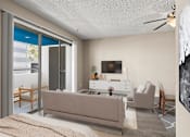 Thumbnail 23 of 38 - A modern living room with a grey sofa and a television in studio apartment at Harbor Terrace Apartments, California, 90731