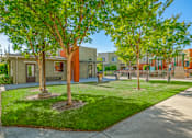 Thumbnail 2 of 20 - a courtyard with trees and houses in the background