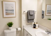 Thumbnail 10 of 11 - A white toilet with a plant on top of it in a bathroom.