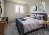 Thumbnail 9 of 10 - A bedroom with a bed, nightstand, and a painting on the wall.