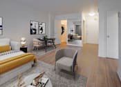 Thumbnail 3 of 8 - A modern bedroom with a yellow bed and a grey armchair.