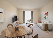 Thumbnail 5 of 10 - A modern dining room with a wooden table and chairs.