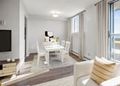 Thumbnail 9 of 9 - A white dining room with a wooden table and chairs.