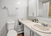 Thumbnail 5 of 9 - A white toilet is next to a sink in a bathroom.