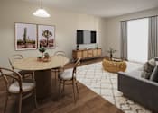 Thumbnail 1 of 10 - A living room with a round table surrounded by chairs and a flat screen TV mounted on the wall.