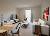 Thumbnail 4 of 10 - A living room with a white couch, a wooden table, and a television.