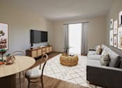 Thumbnail 6 of 10 - A living room with a grey couch, a round table, and a television.