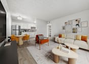 Thumbnail 28 of 32 - A modern living room with a white sofa, orange armchair, and a wooden coffee table.