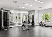 Thumbnail 14 of 15 - A spacious gym with a variety of equipment including a treadmill, a bench press, and a squat rack.
