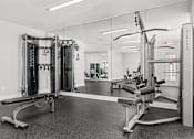 Thumbnail 15 of 15 - A gym with a mirror, a bench, and a weight machine.