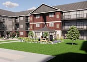 Thumbnail 3 of 20 - A rendering of a multi-story apartment complex with a courtyard in the center.