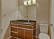 Thumbnail 51 of 72 - A bathroom with a sink, mirror, and toilet.