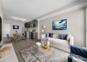 Thumbnail 34 of 48 - a living room with a white couch and a glass coffee table