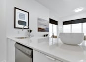 Thumbnail 46 of 78 - A modern kitchen with a white countertop and a dishwasher.
