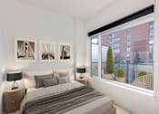 Thumbnail 57 of 78 - A bedroom with a large bed and a window overlooking a cityscape.