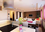 Thumbnail 9 of 11 - A modern kitchen with a black stove top and white countertops.