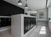 Thumbnail 12 of 66 - A modern mail room lobby with a reception desk and a view of the outside at The Rail at Bound Brook, NJ.