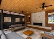 Thumbnail 7 of 72 - Covered outdoor fireplace lounge at The Rail at Bound Brook, offering cozy resident amenities in a modern Bound Brook apartment community.