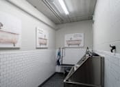 Thumbnail 46 of 102 - A bathroom with a sink and a picture of a goat in a bathtub.