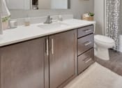 Thumbnail 7 of 98 - A bathroom with a white countertop and a white toilet.