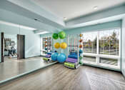 Thumbnail 71 of 98 - A room with a mirror, exercise equipment, and a window with blinds.