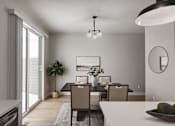 Thumbnail 3 of 16 - A modern dining room with a large table and chairs.