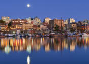 Thumbnail 22 of 27 - a city at night with the moon above it
