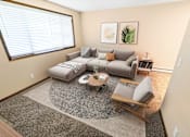 Thumbnail 2 of 12 - A living room with a grey couch, a coffee table, and a rug.