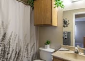 Thumbnail 27 of 35 - A bathroom with a toilet, sink, and a shower curtain with a plant on it.
