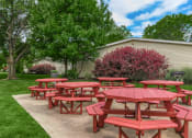 Thumbnail 9 of 10 - a group of red picnic tables in a grassy area with trees and a building in the