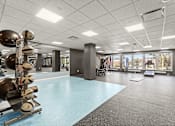 Thumbnail 34 of 61 - A gym with a blue floor and various exercise equipment.