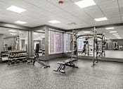 Thumbnail 32 of 61 - A gym with a variety of equipment including a squat rack, bench press, and a rowing machine.