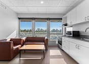 Thumbnail 4 of 61 - A modern kitchen with brown leather couches and a view of the outdoors through the window.
