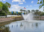 Thumbnail 22 of 23 - A fountain in the middle of a pond with the American flag in the background.