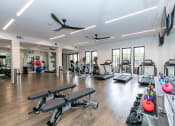 Thumbnail 2 of 40 - a gym with cardio equipment and weights at Emblem Alpharetta, Alpharetta, GA, 30009