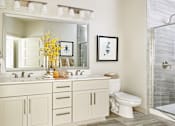 Thumbnail 10 of 39 - A bathroom with a white toilet and a large mirror above the sink.