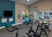 Thumbnail 9 of 43 - A gym with exercise equipment and a TV.