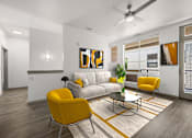 Thumbnail 24 of 27 - A modern living room with a grey sofa, yellow chairs and a painting on the wall.
