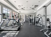 Thumbnail 21 of 38 - A spacious gym with treadmills, weights, and exercise equipment.