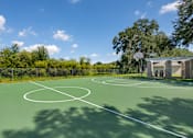 Thumbnail 27 of 38 - A basketball court surrounded by trees and a building in the background.